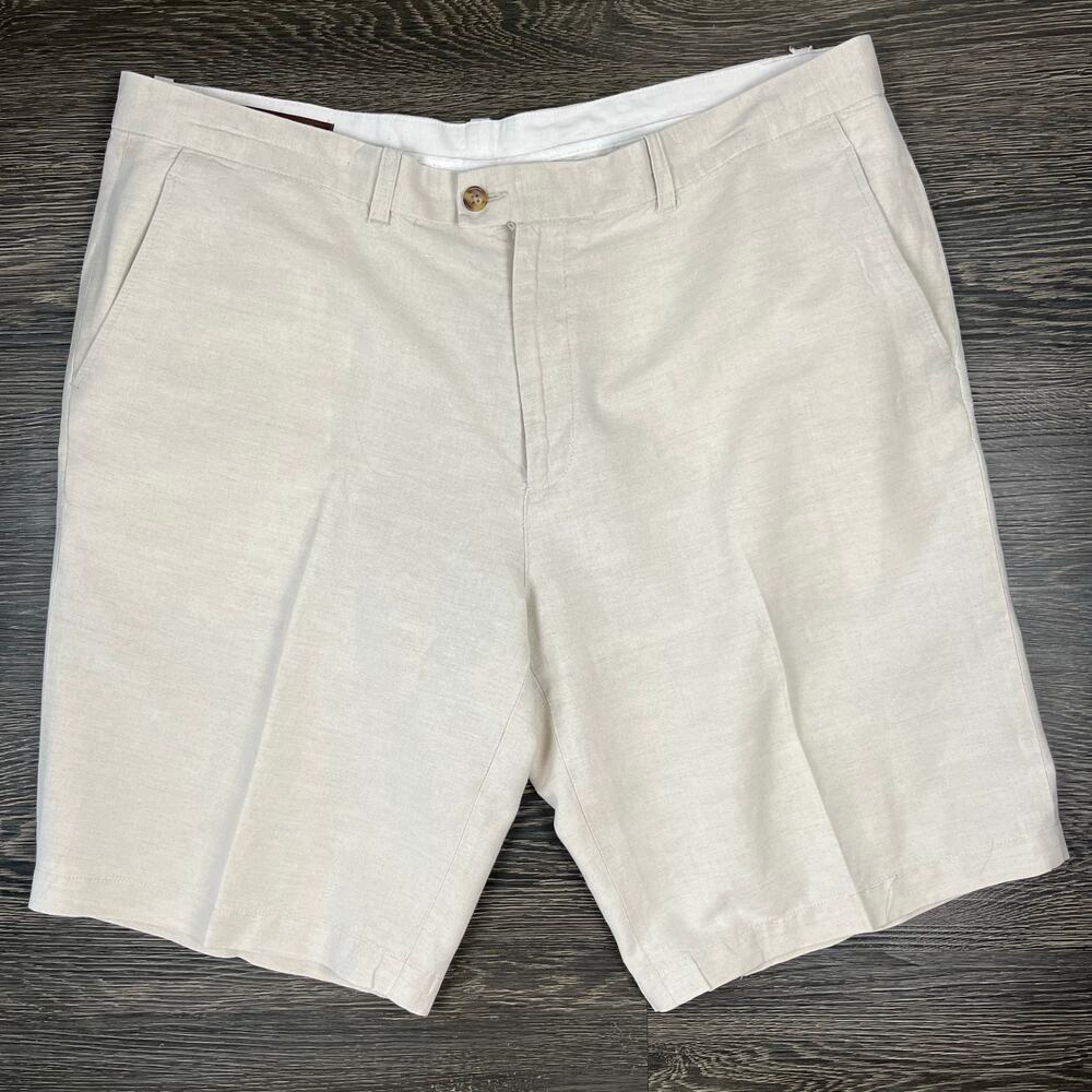 Perry Ellis Linen Blend Shorts Mens 38 Bermuda Ivory Golf Preppy Minimalist